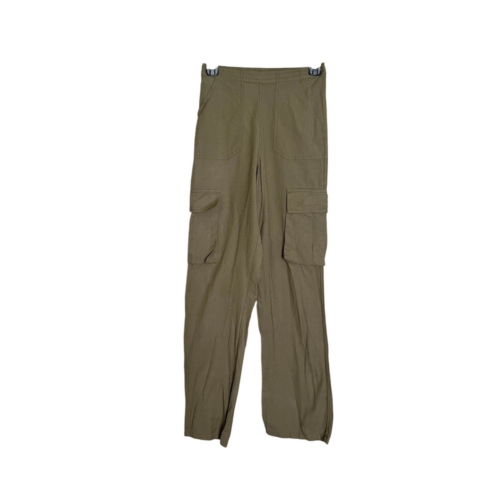 Primark Womens Olive Green Linen Blend Cargo Pants Straight Leg Utility Size 2